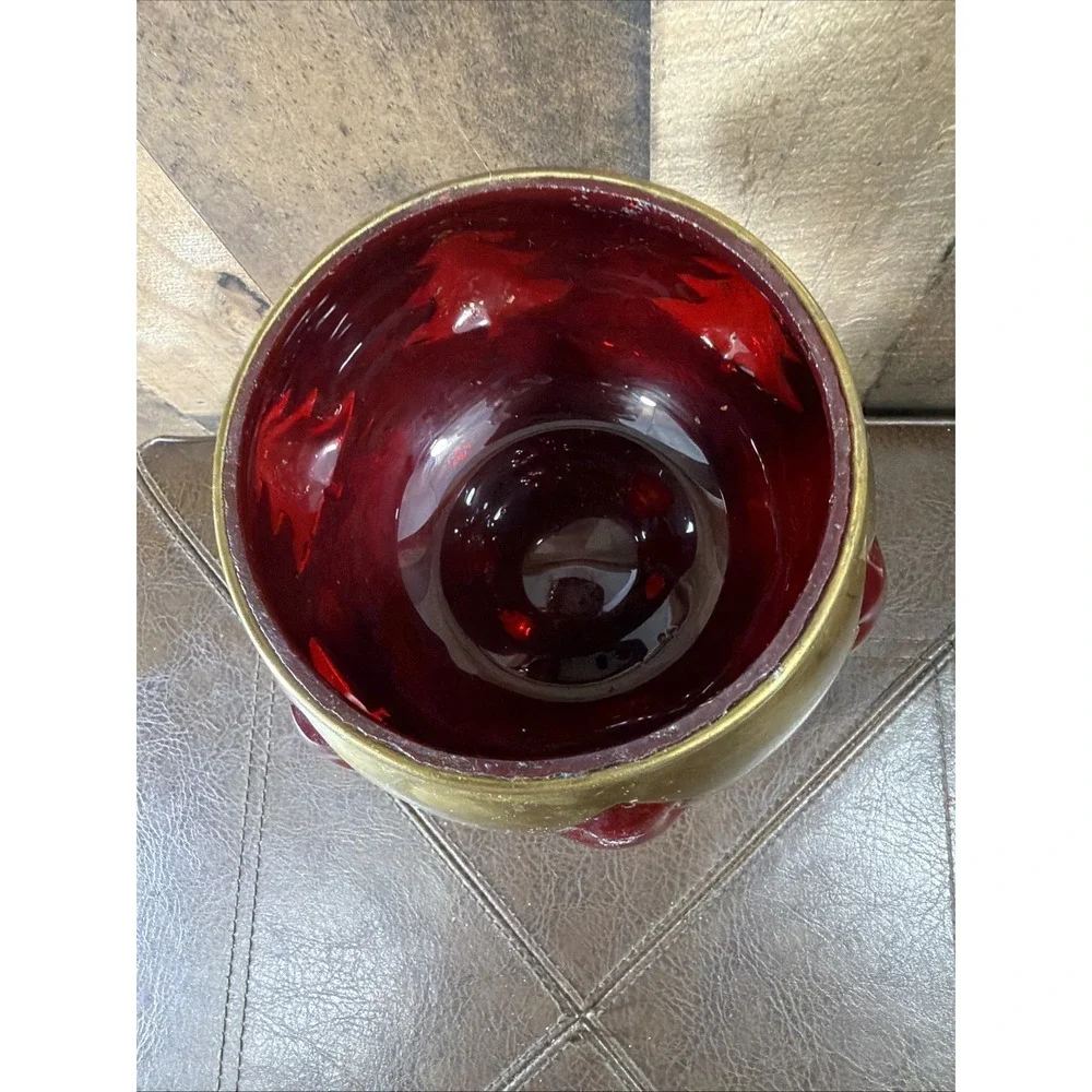 Vintage‎ Brass Ruby Red Glass Christmas Tree Votive Candle Holder Bowl 5.5